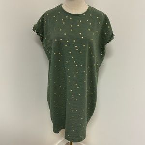 Boden Faye Jersey Olive Green w/ Gold Foil Polka Dot Frill Cap Sleeve Dress